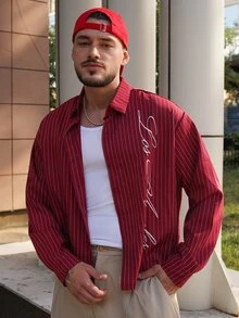 LEOGASHI LEOGASHI Kemeja Lengan Panjang Bergaris Kasual Pria untuk Perjalanan Sehari-hari - Merah - View 1