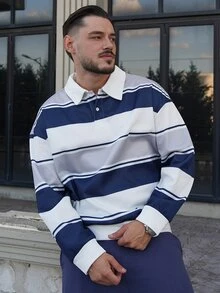 LEOGASHI LEOGASHI 男士休闲蓝色条纹纽扣领卫衣，日常百搭 - 藍色 - 查看 3