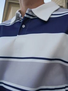 LEOGASHI LEOGASHI 男士休闲蓝色条纹纽扣领卫衣，日常百搭 - 藍色 - 查看 5