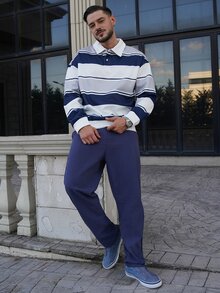 LEOGASHI LEOGASHI 男士休闲蓝色条纹纽扣领卫衣，日常百搭 - 藍色 - 查看 1