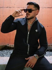 LEOGASHI LEOGASHI Men's Contrast Color Striped Long Sleeve Casual Jacket - Black - View 3