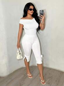 SHEIN SXY Solid Color Bow Tie Capri Leggings - White - View 6
