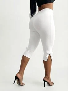 SHEIN SXY Solid Color Bow Tie Capri Leggings - White - View 3