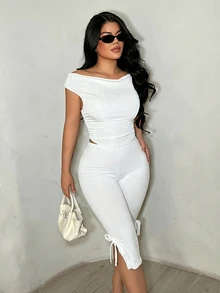 SHEIN SXY Solid Color Bow Tie Capri Leggings - White - View 5