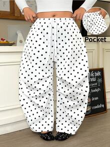 Muchica 大尺碼女款白色波點圖案休閒90年代寬腿燈籠褲，初秋長褲，附腰帶與口袋設計，度假秋季款 - 白色 - 查看 5