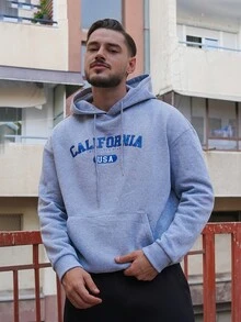 LEOGASHI LEOGASHI Men's Casual Fashion Versatile Daily Commute CALIFORNIA Slogan Print Kangaroo Pocket Drawstring Hoodie, Autumn/Winter - Grey - View 4