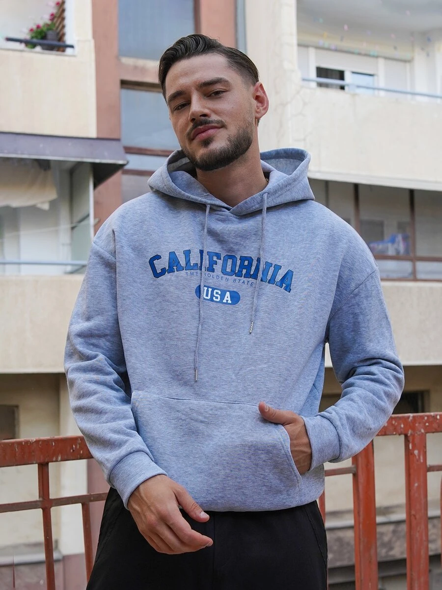 LEOGASHI LEOGASHI Men's Casual Fashion Versatile Daily Commute CALIFORNIA Slogan Print Kangaroo Pocket Drawstring Hoodie, Autumn/Winter - Grey - View 1