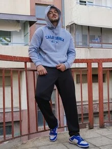 LEOGASHI LEOGASHI Men's Casual Fashion Versatile Daily Commute CALIFORNIA Slogan Print Kangaroo Pocket Drawstring Hoodie, Autumn/Winter - Grey - View 3