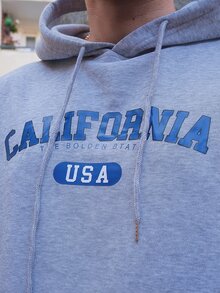 LEOGASHI LEOGASHI Men's Casual Fashion Versatile Daily Commute CALIFORNIA Slogan Print Kangaroo Pocket Drawstring Hoodie, Autumn/Winter - Grey - View 5