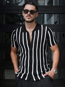 LEOGASHI LEOGASHI 男士撞色镂空针织开衫，夏季时尚单品 - 黑與白 - 查看 4