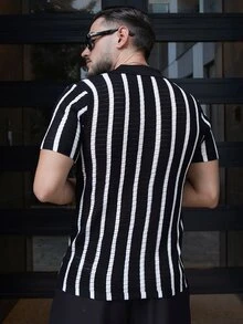 LEOGASHI LEOGASHI 男士撞色镂空针织开衫，夏季时尚单品 - 黑與白 - 查看 2