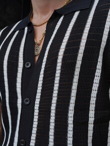 LEOGASHI LEOGASHI 男士撞色镂空针织开衫，夏季时尚单品 - 黑與白 - 查看 5