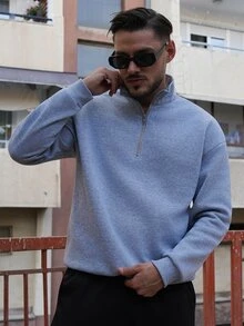 LEOGASHI LEOGASHI 男士立领拉链半开襟休闲百搭通勤秋冬长袖卫衣 - 灰色 - 查看 4