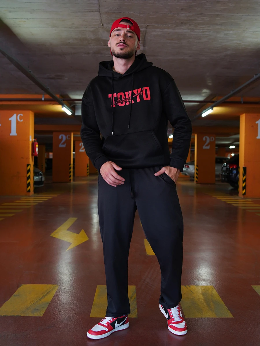 LEOGASHI LEOGASHI 男士休闲时尚百搭街头赛车元素标语印花袋鼠口袋抽绳宽松连帽衫,秋冬款 - 黑色 - 查看 1