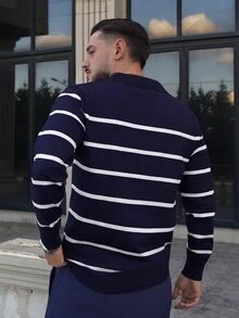LEOGASHI LEOGASHI 长袖条纹飞机领针织毛衣 - 藏蓝色 - 查看 3