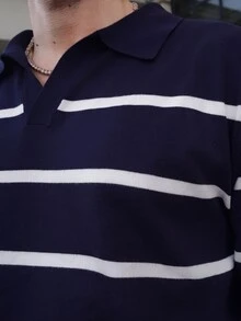 LEOGASHI LEOGASHI 长袖条纹飞机领针织毛衣 - 藏蓝色 - 查看 6