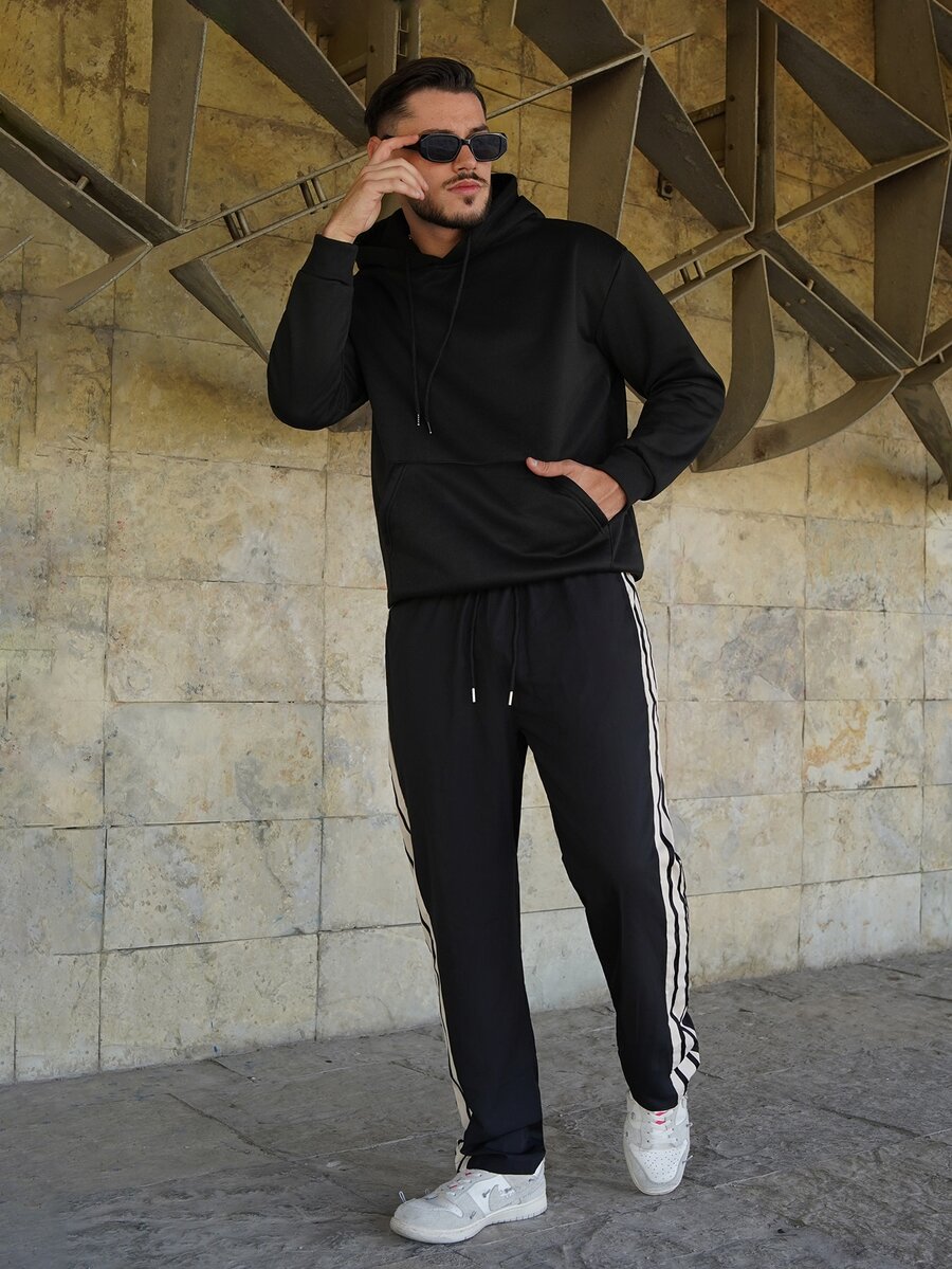 LEOGASHI LEOGASHI Men's Casual Outdoor Sports Straight Leg Pants With Contrast Stripes, Suitable For Spring And Autumn - Black - View 1