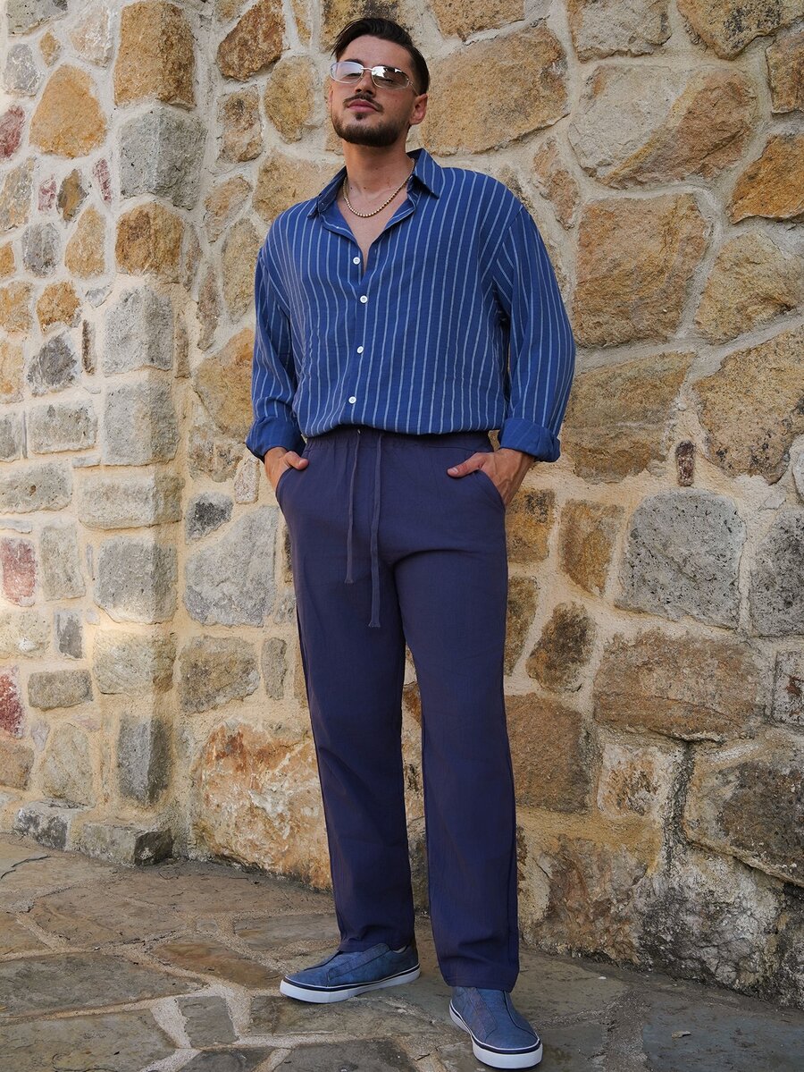 LEOGASHI LEOGASHI Men Plain Linen Woven Loose Casual Pockets Long Pants, Suitable For Spring/Autumn & Summer, Fall
