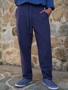 LEOGASHI LEOGASHI Men Plain Linen Woven Loose Casual Pockets Long Pants, Suitable For Spring/Autumn & Summer, Fall - Navy Blue - View 4