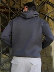 LEOGASHI LEOGASHI 男士休闲百搭日常通勤简约字母标语印花袋鼠口袋抽绳宽松连帽衫，秋冬款 - 深灰色 - 查看 2