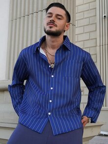 LEOGASHI LEOGASHI Men's Thin Striped Long Sleeve Shirt, Fashionable Casual Style Suitable For Spring And Autumn - Blue - View 1
