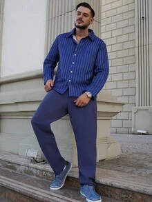 LEOGASHI LEOGASHI Men's Thin Striped Long Sleeve Shirt, Fashionable Casual Style Suitable For Spring And Autumn - Blue - View 3