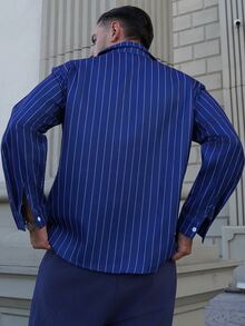 LEOGASHI LEOGASHI Men's Thin Striped Long Sleeve Shirt, Fashionable Casual Style Suitable For Spring And Autumn - Blue - View 2