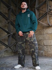 LEOGASHI LEOGASHI Men's Casual Versatile Simple Letter & Palm Tree Print Drawstring Hoodie With Kangaroo Pocket, Autumn/Winter - Green - View 1