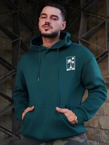LEOGASHI LEOGASHI Men's Casual Versatile Simple Letter & Palm Tree Print Drawstring Hoodie With Kangaroo Pocket, Autumn/Winter - Green - View 3