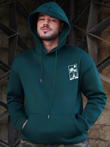 LEOGASHI LEOGASHI Men's Casual Versatile Simple Letter & Palm Tree Print Drawstring Hoodie With Kangaroo Pocket, Autumn/Winter - Green - View 4