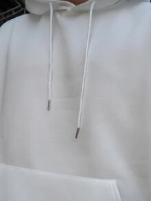 LEOGASHI LEOGASHI 男士純色落肩長袖抽繩口袋休閒連帽衛衣，秋冬開學季 - 白色 - 查看 6