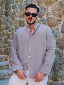 LEOGASHI LEOGASHI European & American Men's Linen Stand Collar Long Sleeve Casual Button-Up Shirt With Roll-Up Sleeves Beach Top - Light Grey - View 5