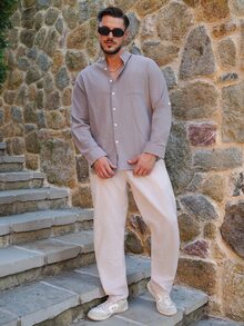 LEOGASHI LEOGASHI European & American Men's Linen Stand Collar Long Sleeve Casual Button-Up Shirt With Roll-Up Sleeves Beach Top - Light Grey - View 4