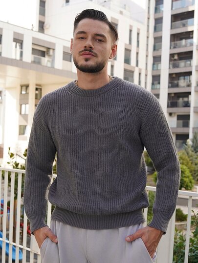 LEOGASHI LEOGASHI Herren Basic einfarbiger, lässiger, locker sitzender, leichter Polyester Piqué Strick Pullover mit Rundhalsausschnitt und Raglanärmeln, Grau