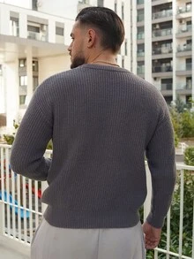 LEOGASHI LEOGASHI 男士基础款纯色休闲宽松轻薄涤纶珠地针织落肩圆领套头毛衣，灰色 - 灰色 - 查看 2