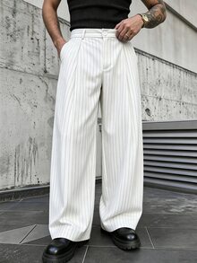 SLATEMANN 男士白色條紋長褲，休閒寬鬆直筒長褲，極簡時尚西裝褲 - 白色 - 查看 4