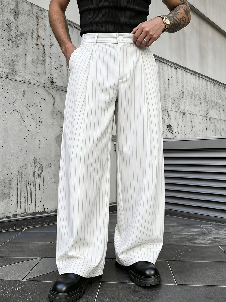 SLATEMANN Men's White Striped Long Pants, Casual Loose Straight Leg Trousers, Minimalist Fashion Dress Pants - White - View 4