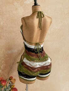 Soleia 女款綠色條紋針織連身褲，休閒波西米亞風，適合返校季、度假、西部風、海灘婚禮賓客穿搭、畢業早午餐，夏季穿著 - 彩色 - 查看 7