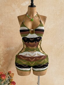 Soleia 女款綠色條紋針織連身褲，休閒波西米亞風，適合返校季、度假、西部風、海灘婚禮賓客穿搭、畢業早午餐，夏季穿著 - 彩色 - 查看 4