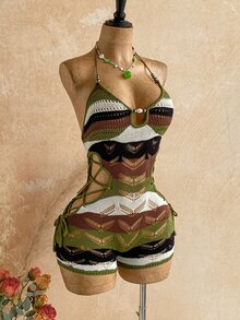 Soleia 女款綠色條紋針織連身褲，休閒波西米亞風，適合返校季、度假、西部風、海灘婚禮賓客穿搭、畢業早午餐，夏季穿著 - 彩色 - 查看 3