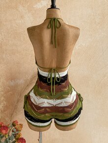 Soleia 女款綠色條紋針織連身褲，休閒波西米亞風，適合返校季、度假、西部風、海灘婚禮賓客穿搭、畢業早午餐，夏季穿著 - 彩色 - 查看 2