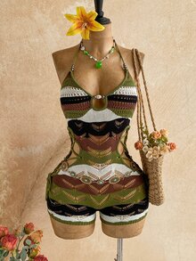 Soleia 女款綠色條紋針織連身褲，休閒波西米亞風，適合返校季、度假、西部風、海灘婚禮賓客穿搭、畢業早午餐，夏季穿著 - 彩色 - 查看 6