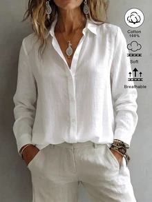 SHEIN EZwear 女款領口長袖鈕扣設計休閒度假極簡日常外出上衣 浪漫新款修身收腰秋季襯衫 - 白色 - 查看 1