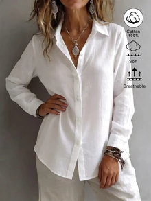 SHEIN EZwear 女款領口長袖鈕扣設計休閒度假極簡日常外出上衣 浪漫新款修身收腰秋季襯衫 - 白色 - 查看 6