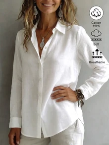 SHEIN EZwear 女款領口長袖鈕扣設計休閒度假極簡日常外出上衣 浪漫新款修身收腰秋季襯衫 - 白色 - 查看 3