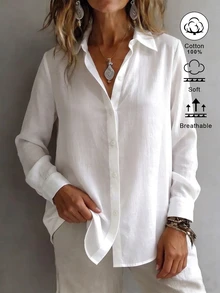 SHEIN EZwear 女款領口長袖鈕扣設計休閒度假極簡日常外出上衣 浪漫新款修身收腰秋季襯衫 - 白色 - 查看 5