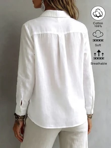 SHEIN EZwear 女款領口長袖鈕扣設計休閒度假極簡日常外出上衣 浪漫新款修身收腰秋季襯衫 - 白色 - 查看 2
