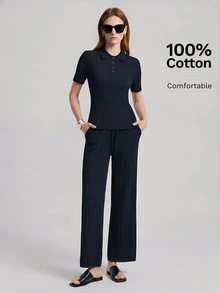 Ontre 女款針織兩件套，海軍藍，秋季，休閒居家服，短袖 Polo 領毛衣與抽繩長褲，極簡都市辦公風 - 藏蓝色 - 查看 5