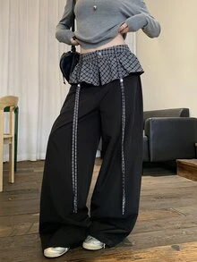 DAZY 女款格紋拼接寬腿褲，適合萬聖節、日常、約會之夜，黑色秋季頹廢風可愛上衣 - 灰色 - 查看 2