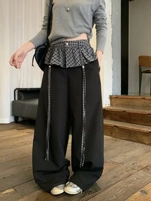 DAZY 女款格紋拼接寬腿褲，適合萬聖節、日常、約會之夜，黑色秋季頹廢風可愛上衣 - 灰色 - 查看 8